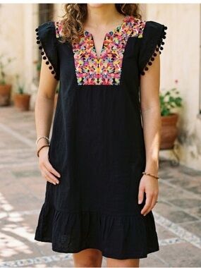 Black Mini Dress with Colorful Embroidered Yoke